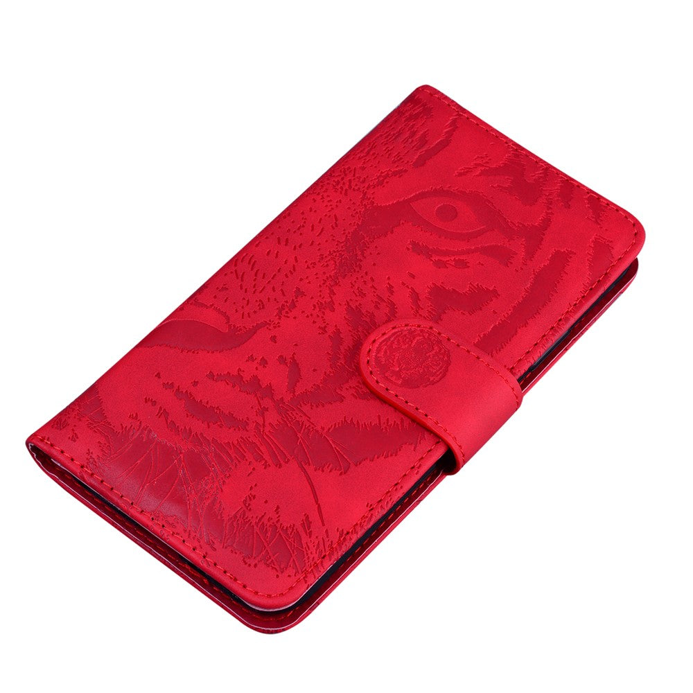 Tiger Imprinted Shell for Samsung Galaxy M14 5G Shockproof PU Leather Wallet Stand Case Phone Cover - Red