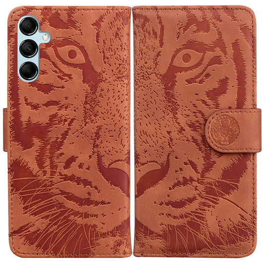 Tiger Imprinted Shell for Samsung Galaxy M14 5G Shockproof PU Leather Wallet Stand Case Phone Cover - Brown