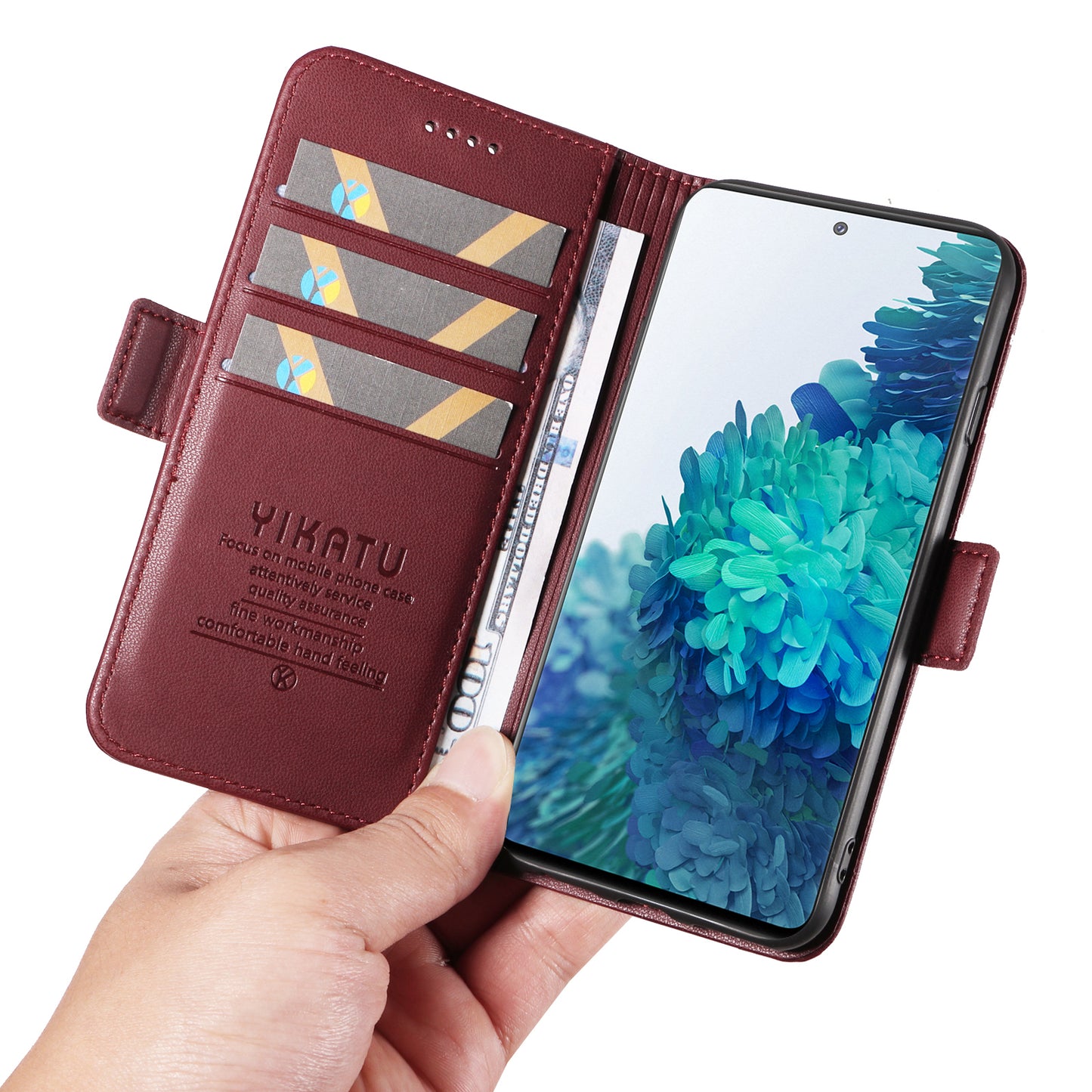 YIKATU YK-003 Wallet Case for Samsung Galaxy S20 FE / S20 FE 5G / S20 FE 2022 / S20 Lite , PU Leather Stand Magnetic Phone Cover - Wine Red
