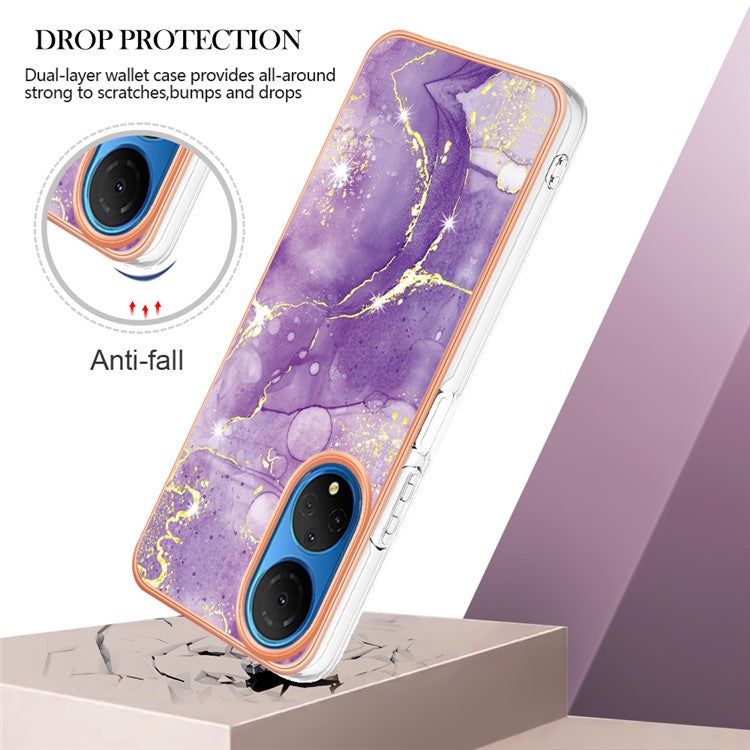 YB IMD Series-2 Electroplating Phone Cover for Honor X7 IMD Marble Pattern Phone Case Soft TPU Shell - Purple 002