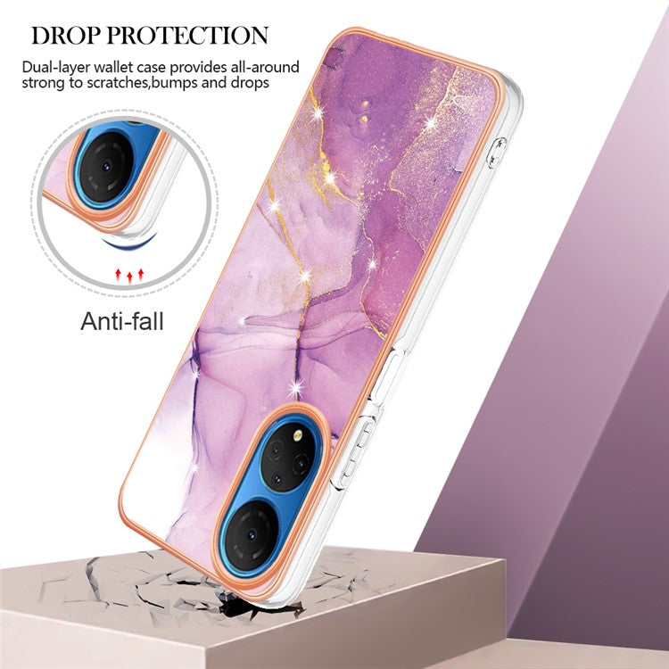 YB IMD Series-2 Electroplating Phone Cover for Honor X7 IMD Marble Pattern Phone Case Soft TPU Shell - Purple 001