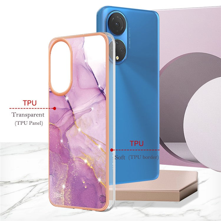 YB IMD Series-2 Electroplating Phone Cover for Honor X7 IMD Marble Pattern Phone Case Soft TPU Shell - Purple 001