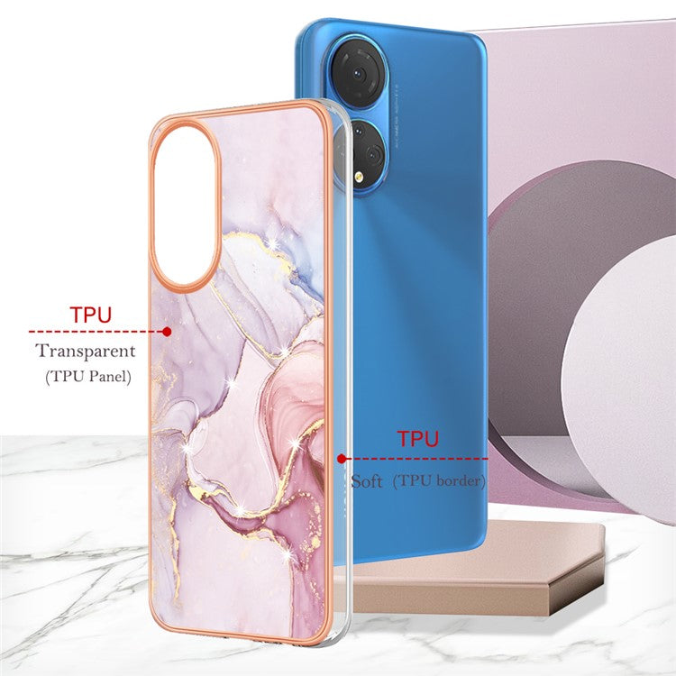 YB IMD Series-2 Electroplating Phone Cover for Honor X7 IMD Marble Pattern Phone Case Soft TPU Shell - Rose Gold 005