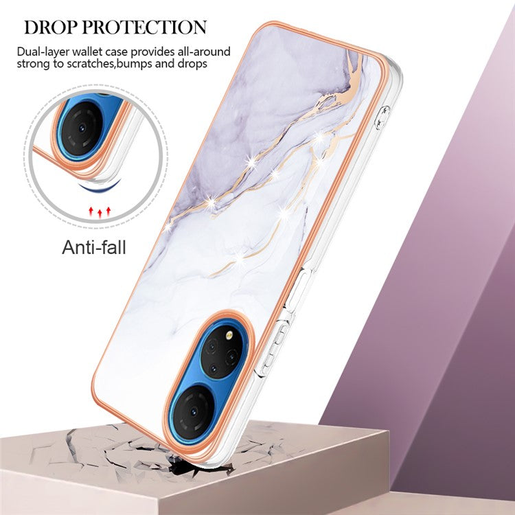 YB IMD Series-2 Electroplating Phone Cover for Honor X7 IMD Marble Pattern Phone Case Soft TPU Shell - White 006