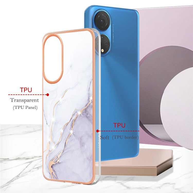 YB IMD Series-2 Electroplating Phone Cover for Honor X7 IMD Marble Pattern Phone Case Soft TPU Shell - White 006