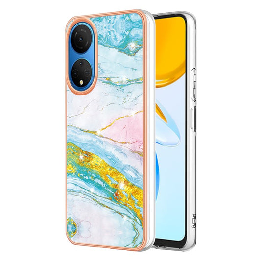 YB IMD Series-2 Electroplating Phone Cover for Honor X7 IMD Marble Pattern Phone Case Soft TPU Shell - Green 004