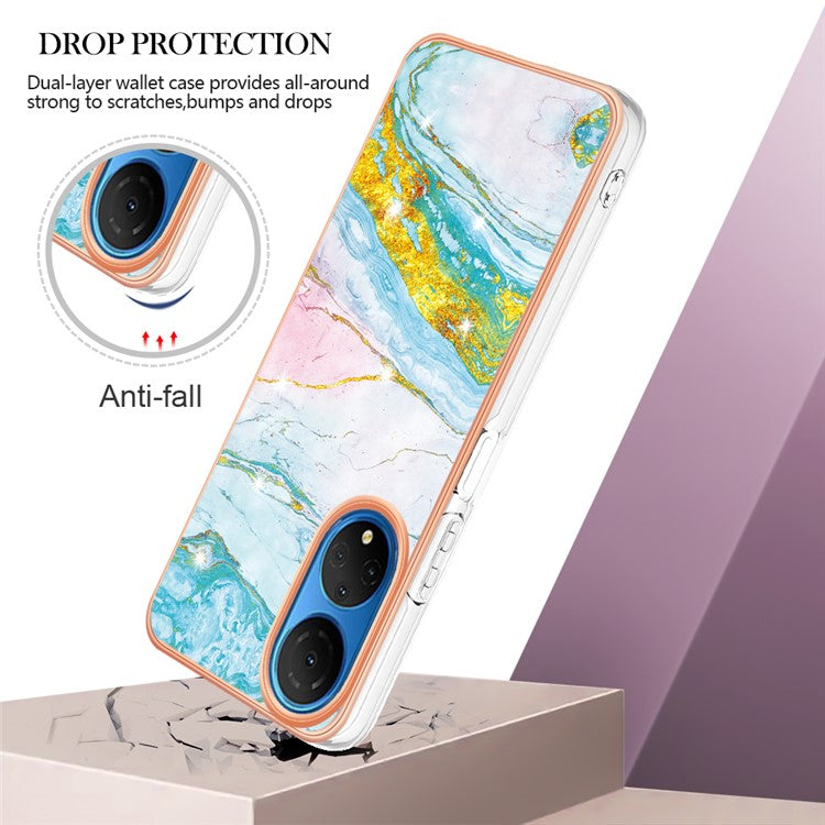 YB IMD Series-2 Electroplating Phone Cover for Honor X7 IMD Marble Pattern Phone Case Soft TPU Shell - Green 004