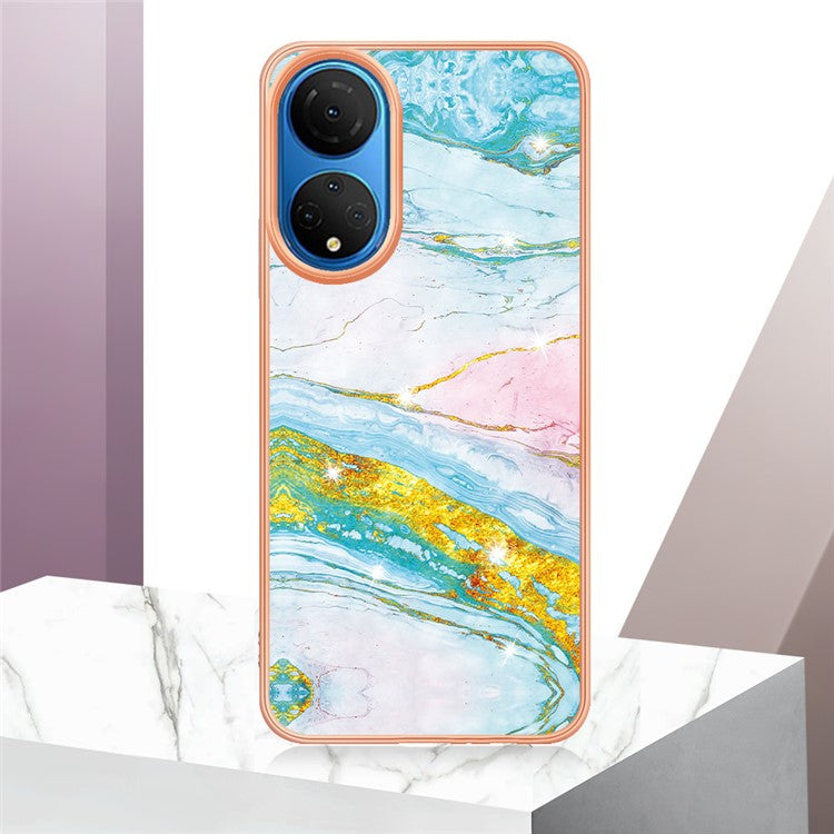 YB IMD Series-2 Electroplating Phone Cover for Honor X7 IMD Marble Pattern Phone Case Soft TPU Shell - Green 004