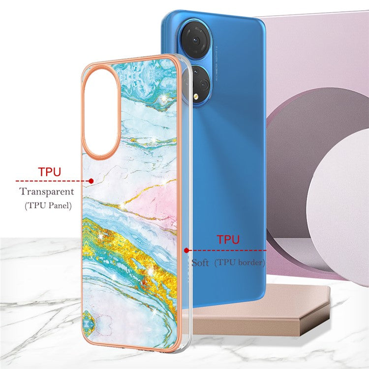 YB IMD Series-2 Electroplating Phone Cover for Honor X7 IMD Marble Pattern Phone Case Soft TPU Shell - Green 004