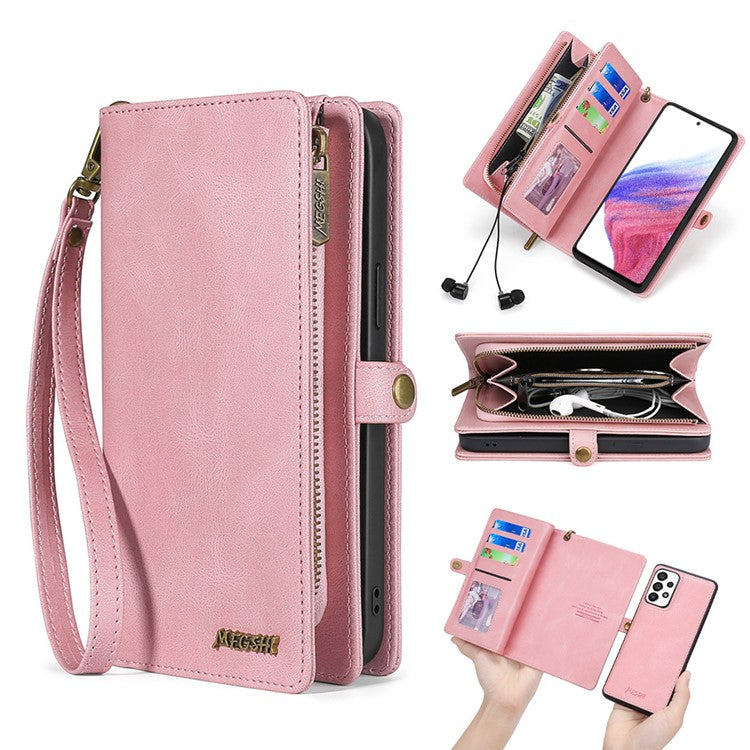MEGSHI 017 Series For Samsung Galaxy A32 4G (EU Version) Detachable Leather Case Magnetic Absorption Zippered Wallet Shockproof Cover - Rose Gold