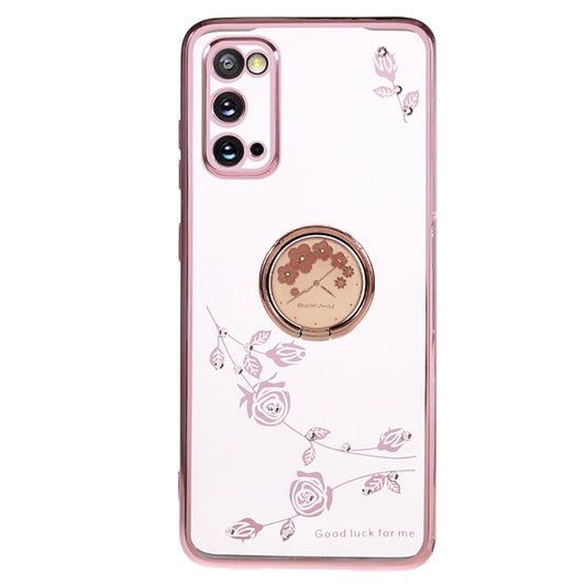 KADEM For Samsung Galaxy S20 5G / 4G Flower Pattern Kickstand Case Rhinestone Electroplating TPU Phone Cover - Rose Gold
