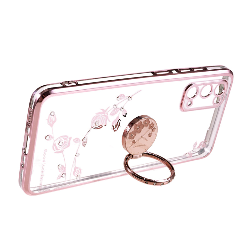 KADEM For Samsung Galaxy S20 5G / 4G Flower Pattern Kickstand Case Rhinestone Electroplating TPU Phone Cover - Rose Gold
