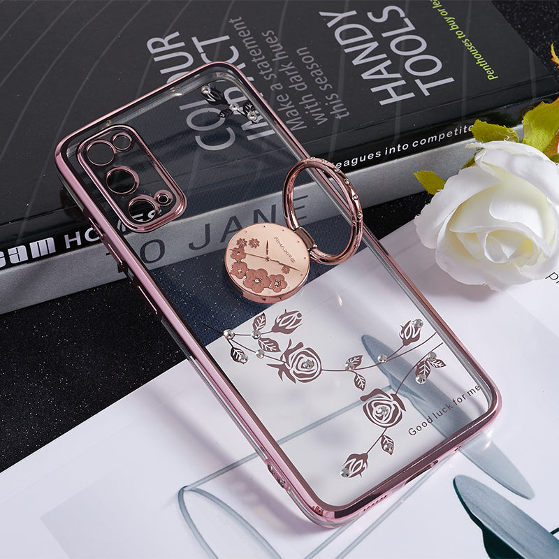 KADEM For Samsung Galaxy S20 5G / 4G Flower Pattern Kickstand Case Rhinestone Electroplating TPU Phone Cover - Rose Gold
