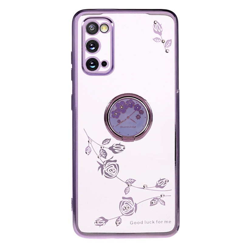KADEM For Samsung Galaxy S20 5G / 4G Flower Pattern Kickstand Case Rhinestone Electroplating TPU Phone Cover - Purple