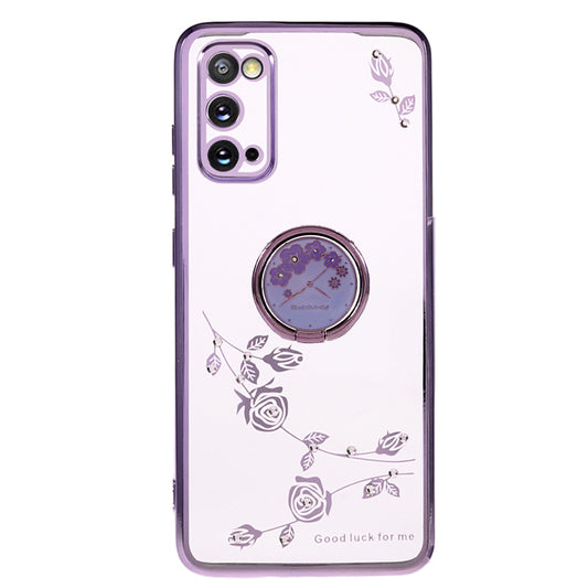 KADEM For Samsung Galaxy S20 5G / 4G Flower Pattern Kickstand Case Rhinestone Electroplating TPU Phone Cover - Purple