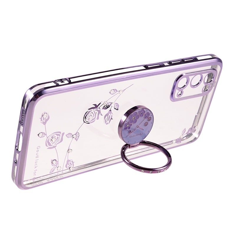 KADEM For Samsung Galaxy S20 5G / 4G Flower Pattern Kickstand Case Rhinestone Electroplating TPU Phone Cover - Purple