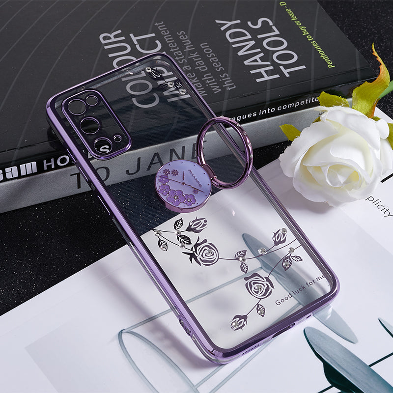 KADEM For Samsung Galaxy S20 5G / 4G Flower Pattern Kickstand Case Rhinestone Electroplating TPU Phone Cover - Purple