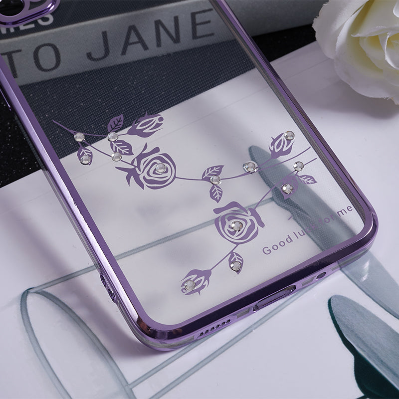 KADEM For Samsung Galaxy S20 5G / 4G Flower Pattern Kickstand Case Rhinestone Electroplating TPU Phone Cover - Purple