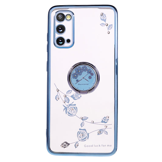 KADEM For Samsung Galaxy S20 5G / 4G Flower Pattern Kickstand Case Rhinestone Electroplating TPU Phone Cover - Blue