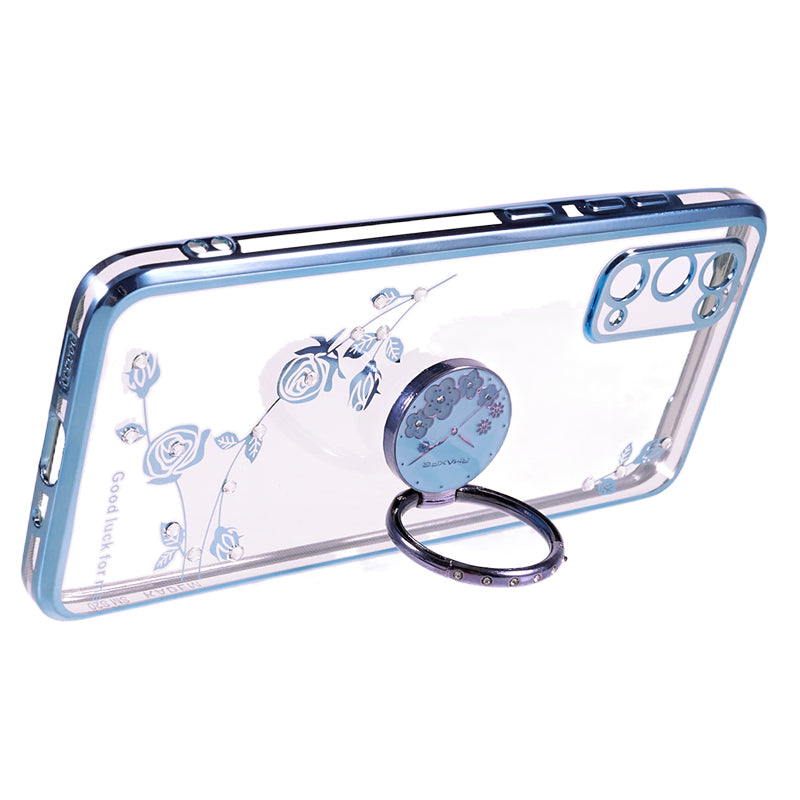 KADEM For Samsung Galaxy S20 5G / 4G Flower Pattern Kickstand Case Rhinestone Electroplating TPU Phone Cover - Blue
