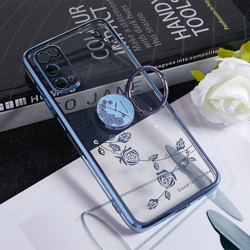KADEM For Samsung Galaxy S20 5G / 4G Flower Pattern Kickstand Case Rhinestone Electroplating TPU Phone Cover - Blue