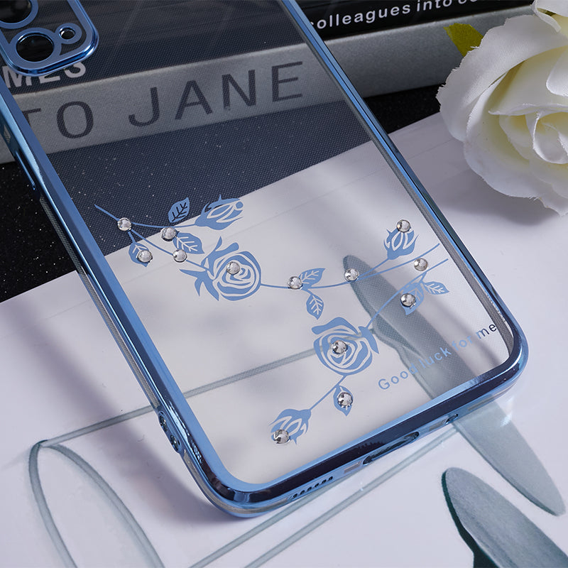 KADEM For Samsung Galaxy S20 5G / 4G Flower Pattern Kickstand Case Rhinestone Electroplating TPU Phone Cover - Blue