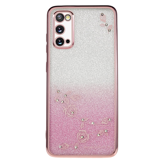 KADEM For Samsung Galaxy S20 5G / 4G Gradient Glitter TPU Phone Case Rhinestone Flower Pattern Cover - Rose Gold