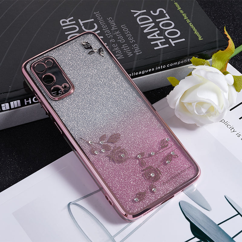 KADEM For Samsung Galaxy S20 5G / 4G Gradient Glitter TPU Phone Case Rhinestone Flower Pattern Cover - Rose Gold