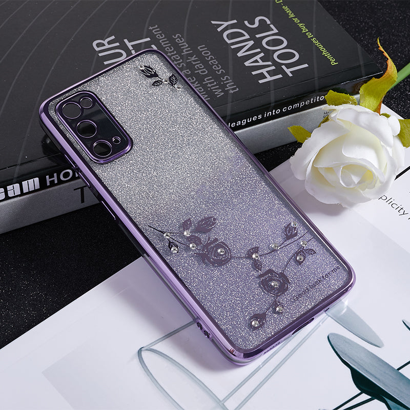 KADEM For Samsung Galaxy S20 5G / 4G Gradient Glitter TPU Phone Case Rhinestone Flower Pattern Cover - Purple