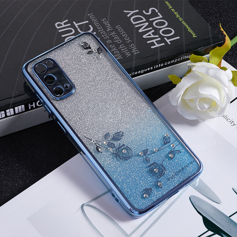 KADEM For Samsung Galaxy S20 5G / 4G Gradient Glitter TPU Phone Case Rhinestone Flower Pattern Cover - Blue