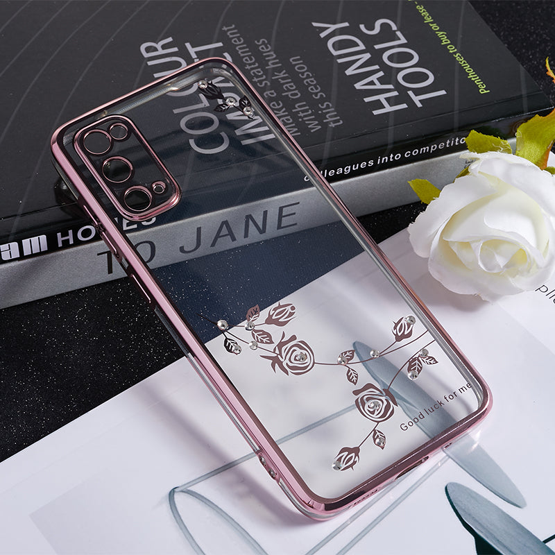 KADEM For Samsung Galaxy S20 5G / 4G Rhinestone Flower Pattern Phone Case TPU Electroplating Phone Cover - Rose Gold