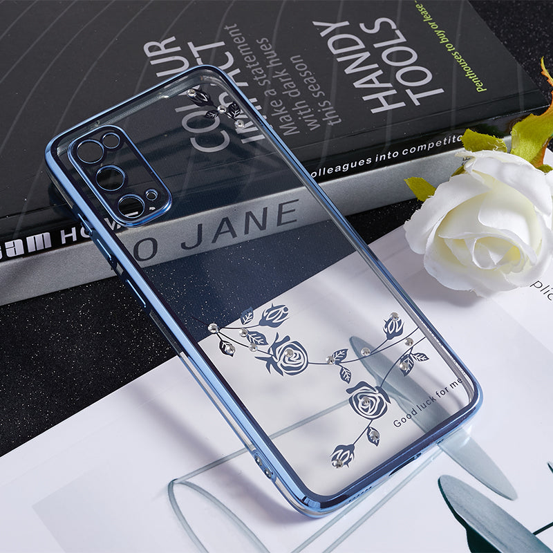 KADEM For Samsung Galaxy S20 5G / 4G Rhinestone Flower Pattern Phone Case TPU Electroplating Phone Cover - Blue