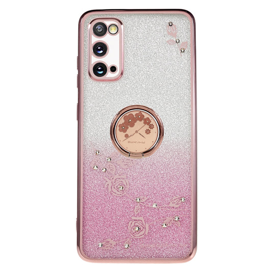 KADEM For Samsung Galaxy S20 5G / 4G Rhinestone Flower Pattern Phone Cover Kickstand Gradient Glitter TPU Case - Rose Gold