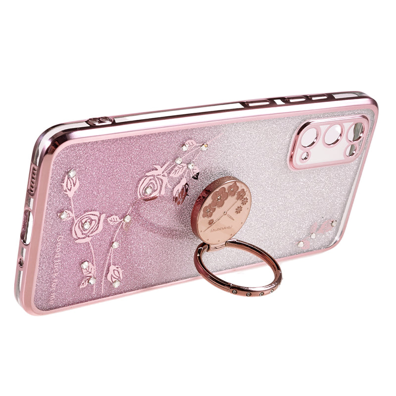KADEM For Samsung Galaxy S20 5G / 4G Rhinestone Flower Pattern Phone Cover Kickstand Gradient Glitter TPU Case - Rose Gold