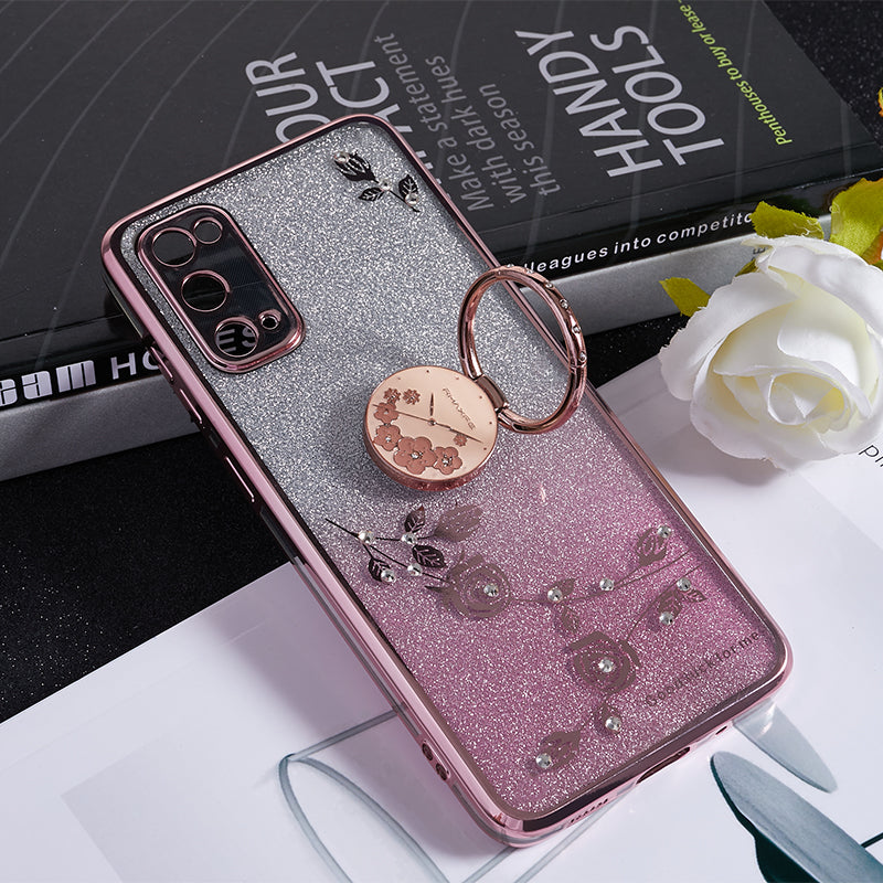 KADEM For Samsung Galaxy S20 5G / 4G Rhinestone Flower Pattern Phone Cover Kickstand Gradient Glitter TPU Case - Rose Gold