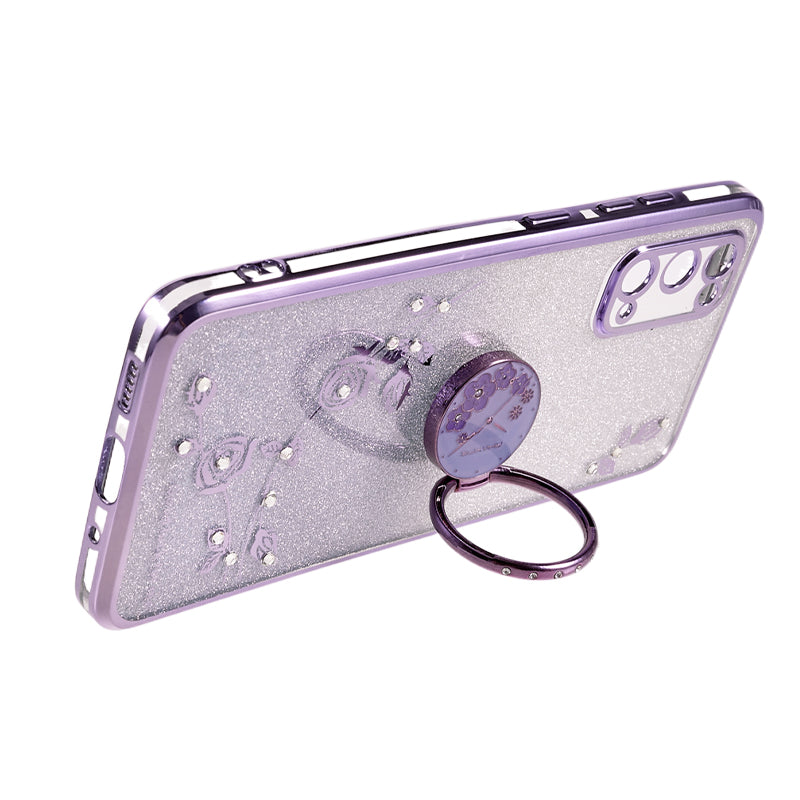 KADEM For Samsung Galaxy S20 5G / 4G Rhinestone Flower Pattern Phone Cover Kickstand Gradient Glitter TPU Case - Purple
