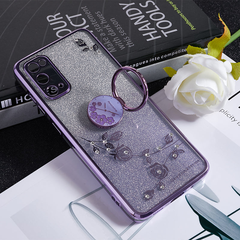 KADEM For Samsung Galaxy S20 5G / 4G Rhinestone Flower Pattern Phone Cover Kickstand Gradient Glitter TPU Case - Purple