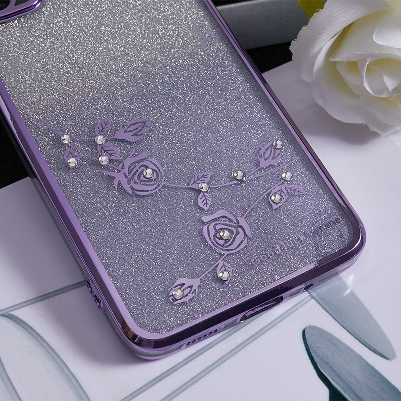 KADEM For Samsung Galaxy S20 5G / 4G Rhinestone Flower Pattern Phone Cover Kickstand Gradient Glitter TPU Case - Purple