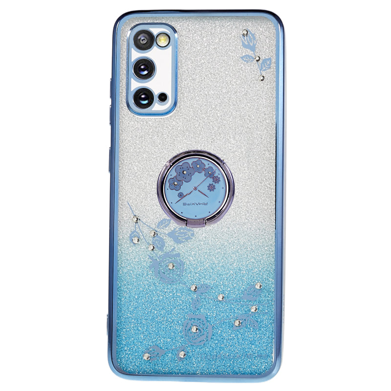 KADEM For Samsung Galaxy S20 5G / 4G Rhinestone Flower Pattern Phone Cover Kickstand Gradient Glitter TPU Case - Blue