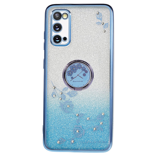 KADEM For Samsung Galaxy S20 5G / 4G Rhinestone Flower Pattern Phone Cover Kickstand Gradient Glitter TPU Case - Blue
