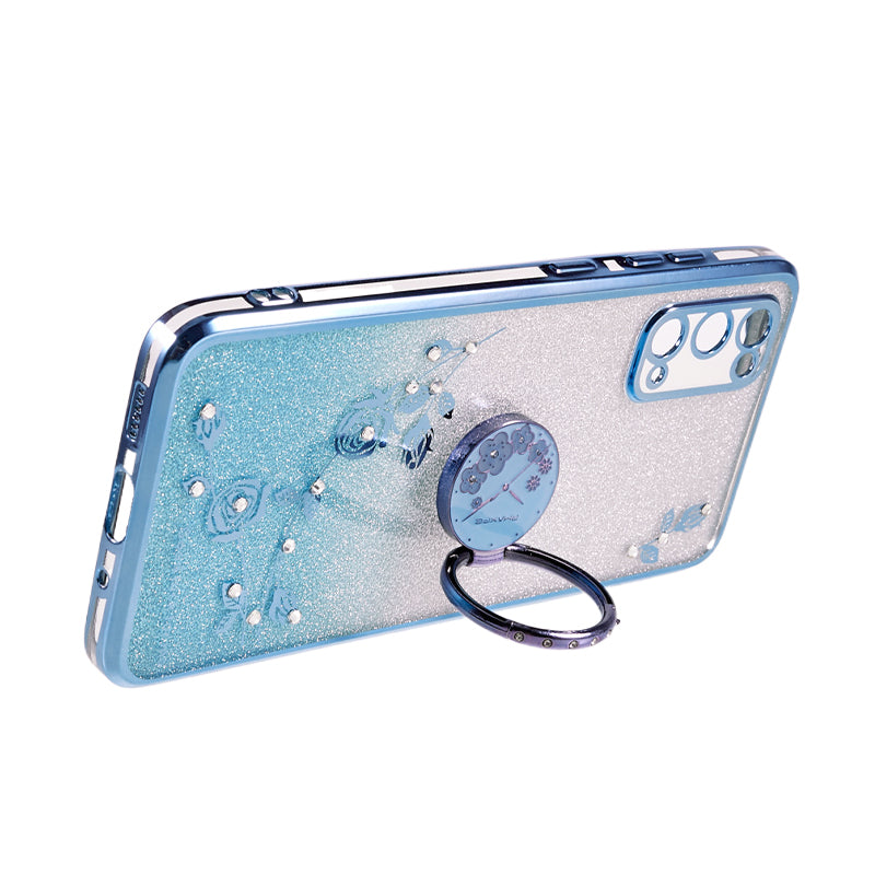 KADEM For Samsung Galaxy S20 5G / 4G Rhinestone Flower Pattern Phone Cover Kickstand Gradient Glitter TPU Case - Blue