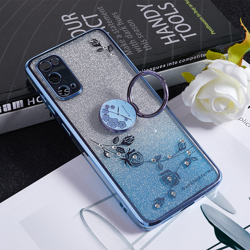 KADEM For Samsung Galaxy S20 5G / 4G Rhinestone Flower Pattern Phone Cover Kickstand Gradient Glitter TPU Case - Blue