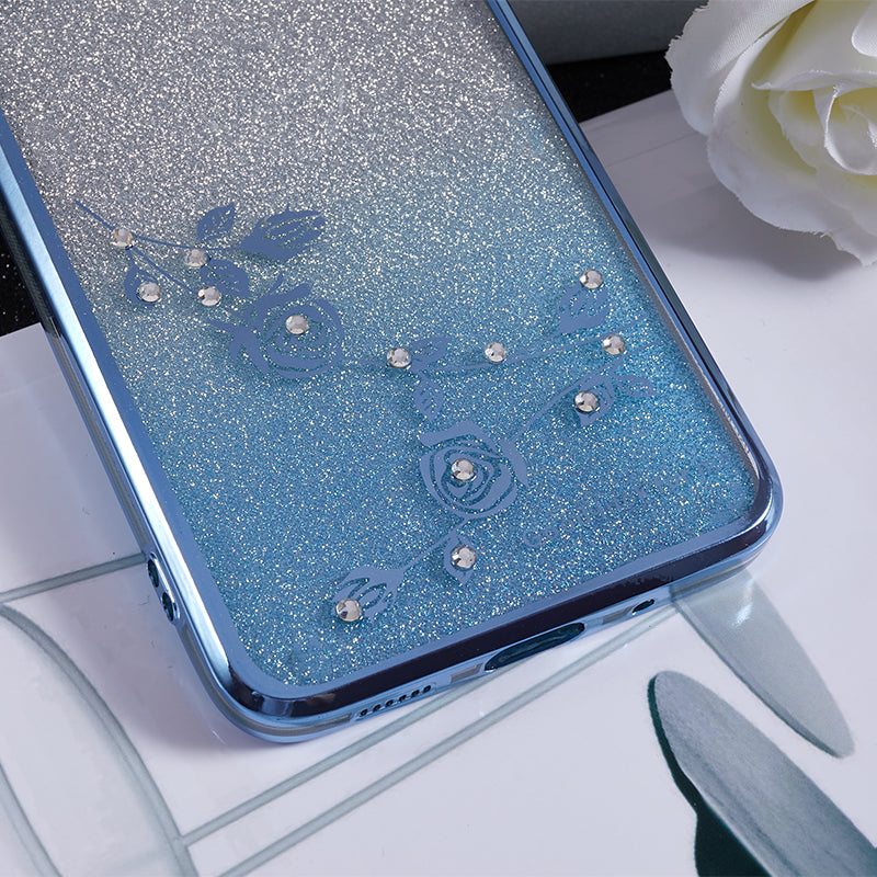 KADEM For Samsung Galaxy S20 5G / 4G Rhinestone Flower Pattern Phone Cover Kickstand Gradient Glitter TPU Case - Blue