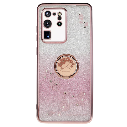 KADEM TPU Case for Samsung Galaxy S20 Ultra Gradient Glitter Rhinestone Decor Flower Pattern Phone Cover - Rose Gold