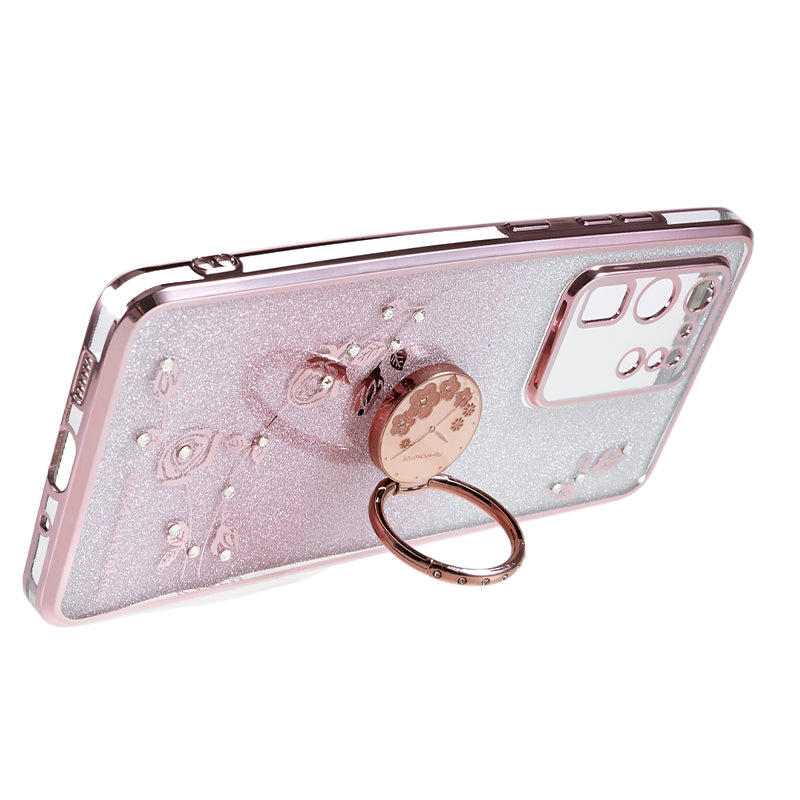 KADEM TPU Case for Samsung Galaxy S20 Ultra Gradient Glitter Rhinestone Decor Flower Pattern Phone Cover - Rose Gold
