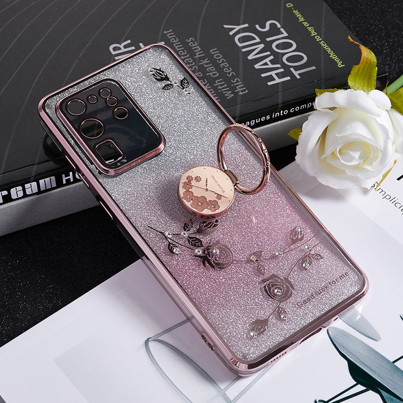 KADEM TPU Case for Samsung Galaxy S20 Ultra Gradient Glitter Rhinestone Decor Flower Pattern Phone Cover - Rose Gold