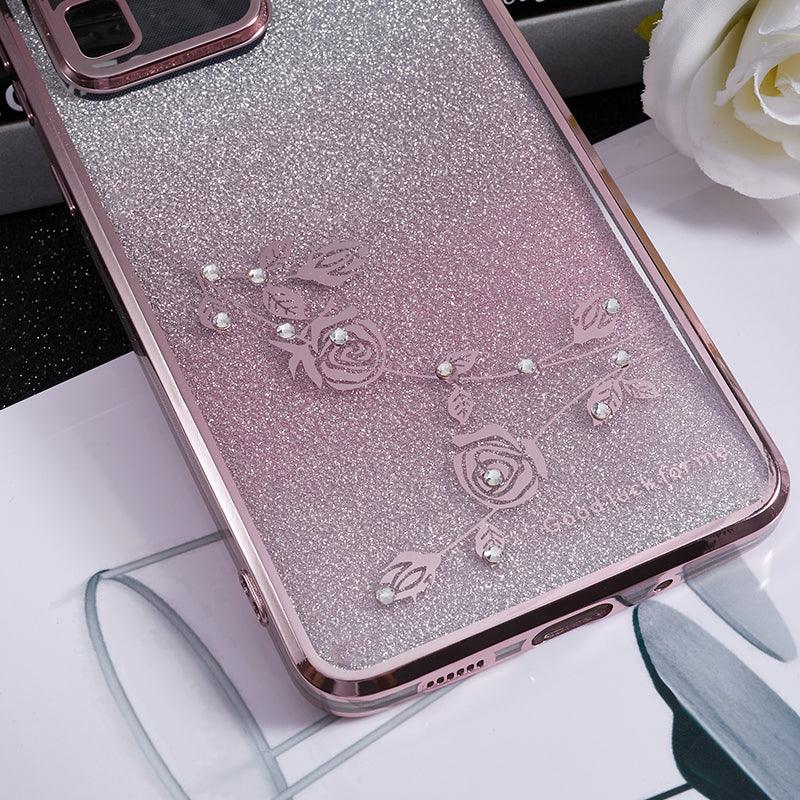 KADEM TPU Case for Samsung Galaxy S20 Ultra Gradient Glitter Rhinestone Decor Flower Pattern Phone Cover - Rose Gold
