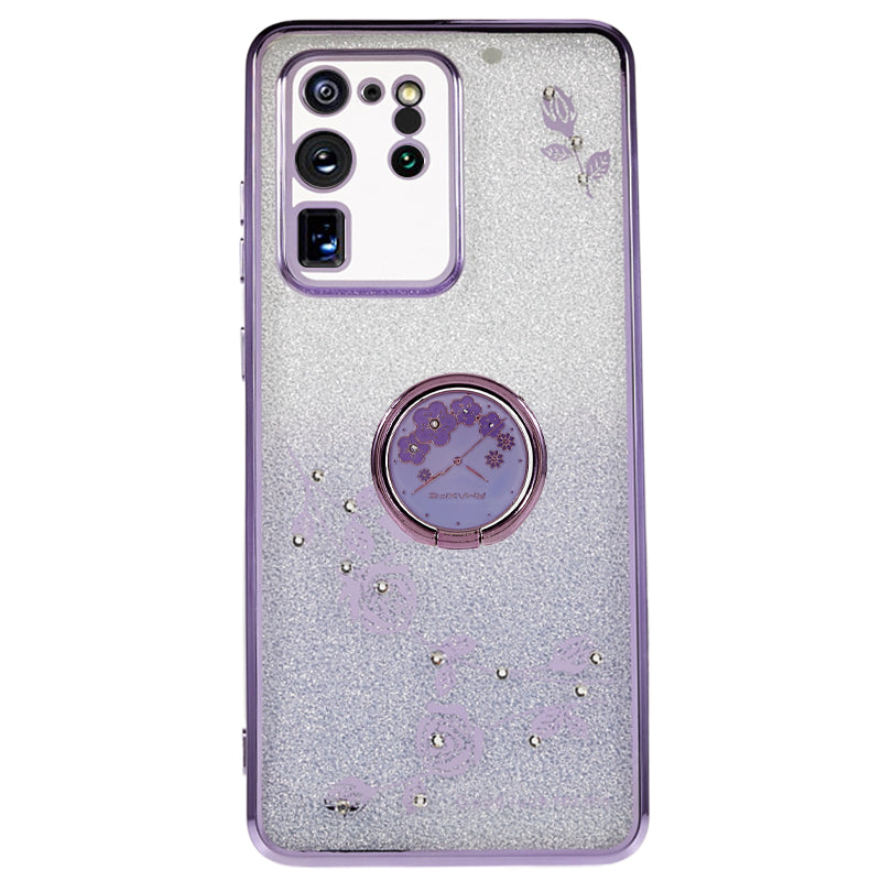KADEM TPU Case for Samsung Galaxy S20 Ultra Gradient Glitter Rhinestone Decor Flower Pattern Phone Cover - Purple