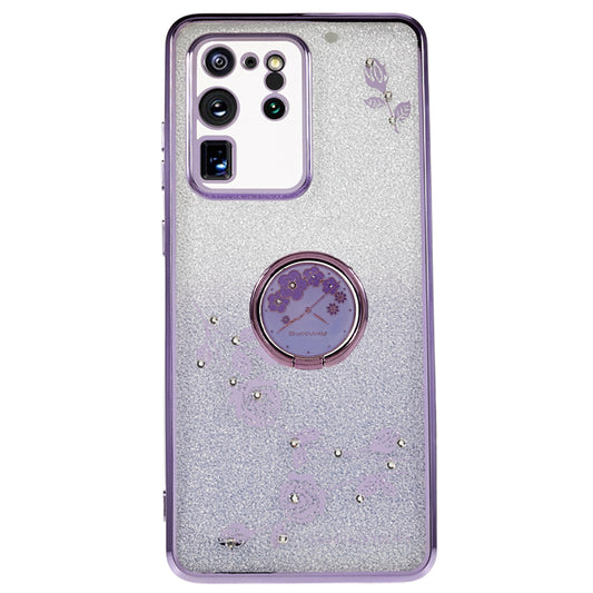 KADEM TPU Case for Samsung Galaxy S20 Ultra Gradient Glitter Rhinestone Decor Flower Pattern Phone Cover - Purple