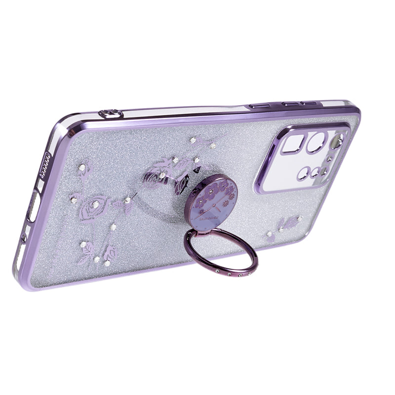 KADEM TPU Case for Samsung Galaxy S20 Ultra Gradient Glitter Rhinestone Decor Flower Pattern Phone Cover - Purple